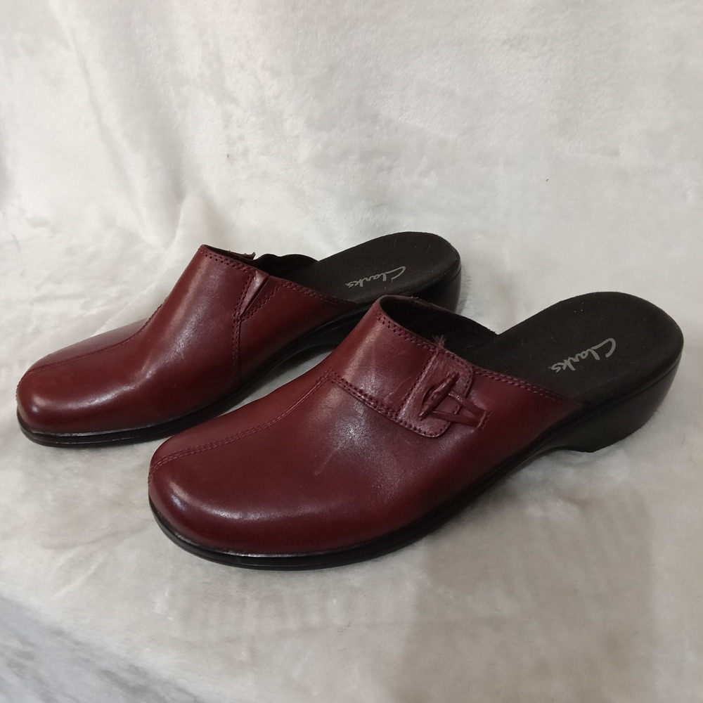 Clarks Burgundy Leather Mules Wedge Slip On Shoes Womens 8.5 M 84561 Wine Red